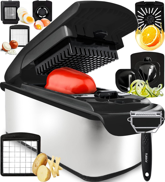 Fullstar Vegetable Chopper and Spiralizer - Food Chopper with Container, Fruit Slicer, Kitchen Gadgets & Accessories, Home Essentials (9 in 1, Stainless Steel): Home & Kitchen