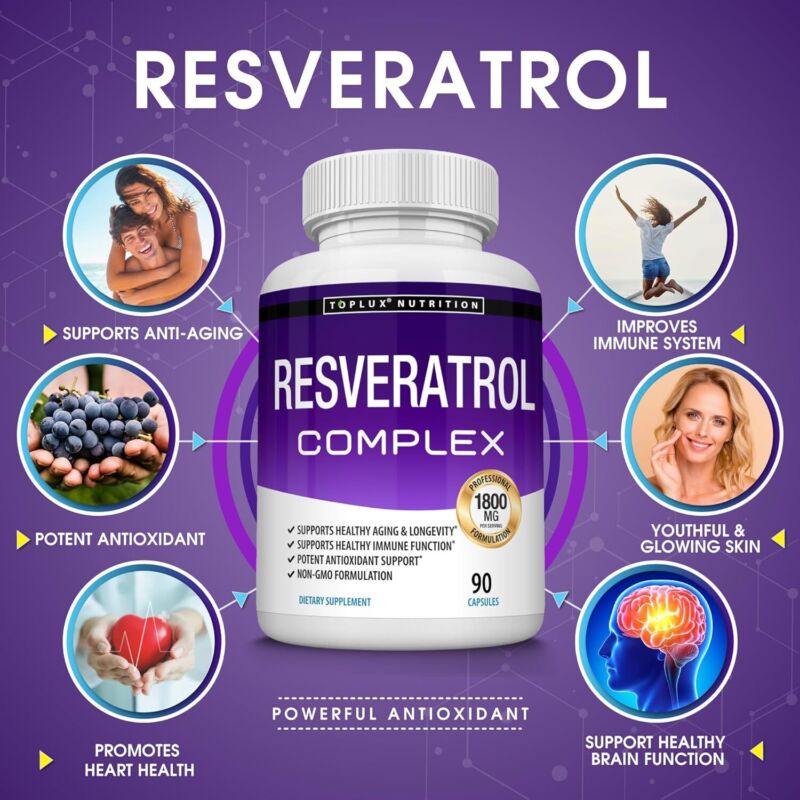Resveratrol Supplement 1800 mg Antioxidant Complex - Highly Potent Natural Trans-Resveratrol Pills for Healthy Aging, Overall Health Support, Immune System, Brain Function, for Men Women, 90 Capsules : Health & Household