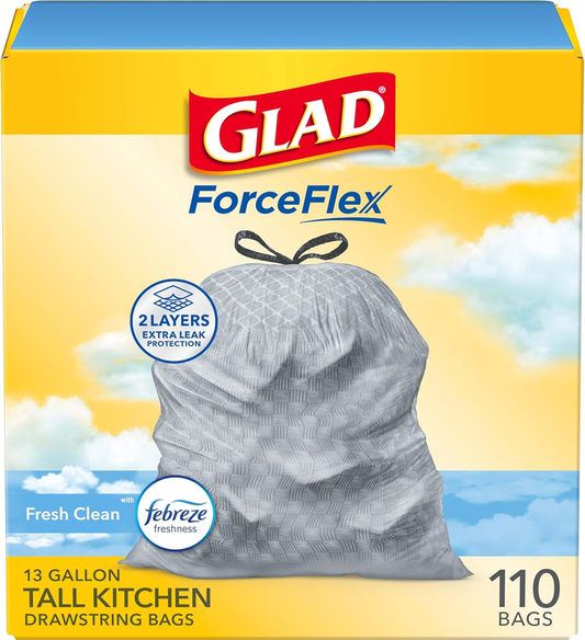 Glad Tall Kitchen Drawstring Trash Bags - Odorshield 13 Gallon White Trash Bag, Febreze Fresh Clean, 110 Count : Health & Household