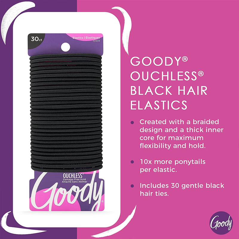 Goody Ouchless Elastic Hair Ties - 30 Ct, Black, 4MM Rubber Bands for Hair, Pain-Free Hair Accessories for Women & Men, Made for Long-Lasting Braids, Ponytails & More, All Hair Types : Beauty & Personal Care