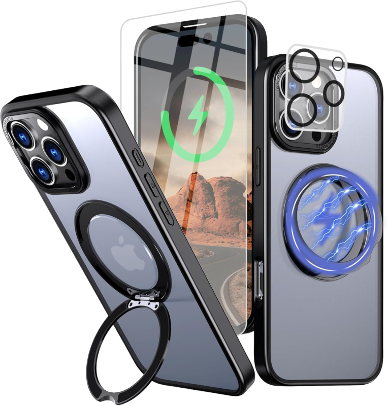 Bonkier for iPhone 16 Pro Case with Screen Protector & Lens Protector [15 FT Military Drop Protection] Magnetic Kickstand Compatible with MagSafe Slim Translucent Case (Black) : Cell Phones & Accessories