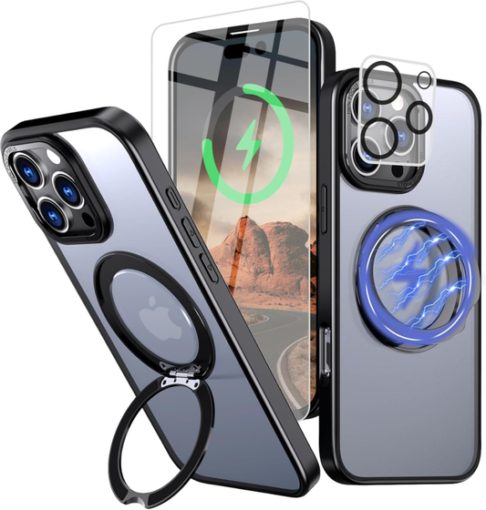 Bonkier for iPhone 16 Pro Case with Screen Protector & Lens Protector [15 FT Military Drop Protection] Magnetic Kickstand Compatible with MagSafe Slim Translucent Case (Black) : Cell Phones & Accessories