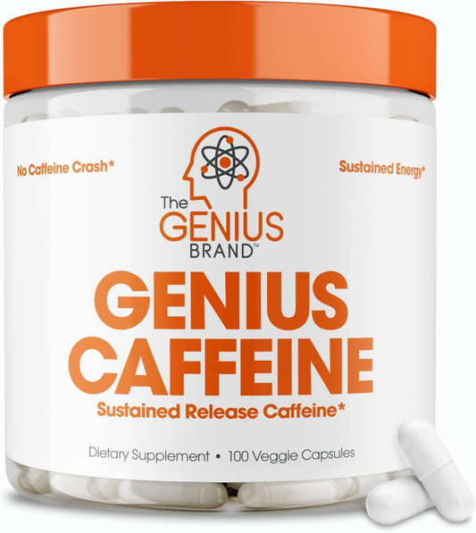 Genius Caffeine - Sustained-Release Microencapsulated Caffeine Pills for Smooth, Long-Lasting Energy & Focus - No Jitters or Crash - 100mg per Capsule - 100 Servings - Natural Performance Booster : Health & Household