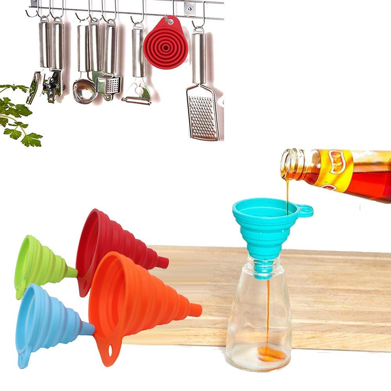 KongNai Kitchen Funnel Set 4 Pack, Small and Large, Kitchen Gadgets Accessories Foldable Silicone Collapsible Funnels for Filling Water Bottle Liquid Transfer Food Grade: Home & Kitchen