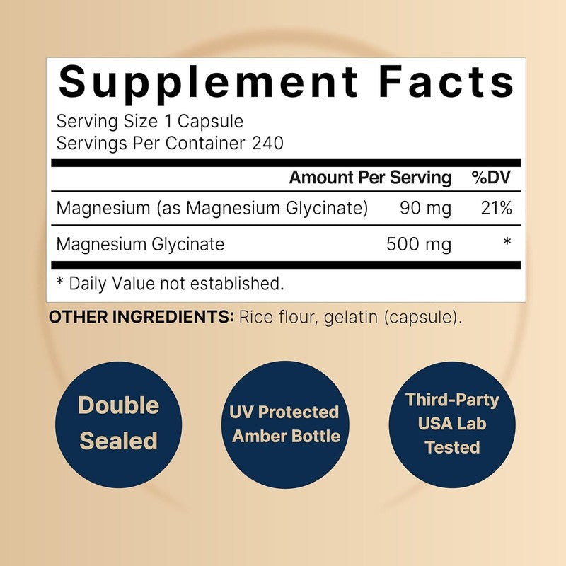 Magnesium Glycinate Capsules 500mg | 240 Count, 100% Chelated & Purified, 3rd Party Tested, Non-GMO & Gluten Free : Health & Household