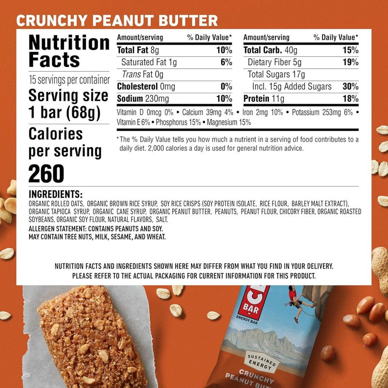 CLIF BAR - Crunchy Peanut Butter - Made with Organic Oats - Energy Bars - Non-GMO - Plant Based Protein Bars (15 Pack) : Health & Household