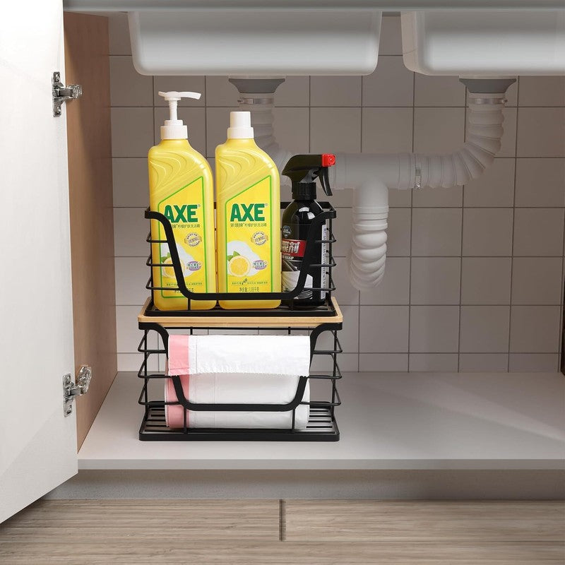 ALOCEO 2 Pack Storage Stackable Kitchen Laundry Organizers with Bamboo Top, Wall Mount Large Trash Bag Holder and Standard Garbage Bag Dispenser: Home & Kitchen