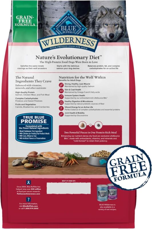 Blue Buffalo Wilderness Adult High-Protein Dry Dog Food with Real Salmon, Grain-Free, Made in the USA with Natural Ingredients, Salmon, 24-lb Bag