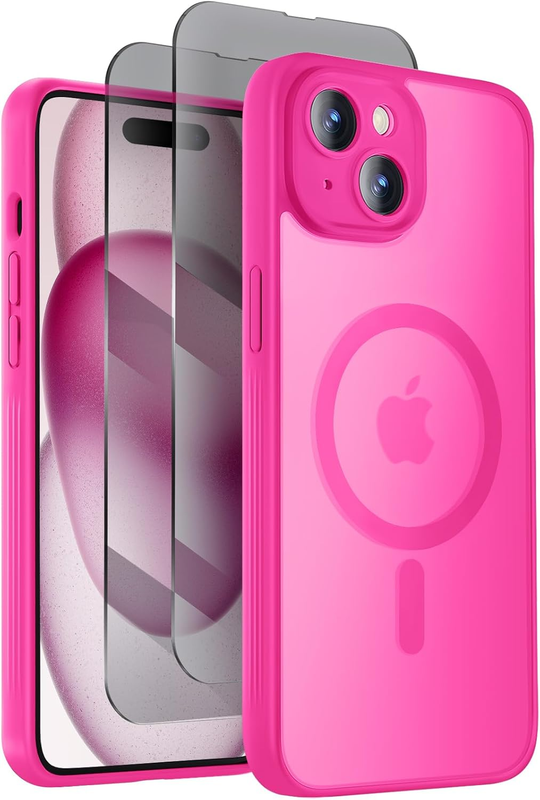 Symcele Designed for iPhone 15 Case, Compatible with MagSafe, with Privacy Screen Protectors X2, [Camera Protection] [15FT Military Drop Protection] Shockproof Phone Case, 6.1", Hot Pink : Cell Phones & Accessories