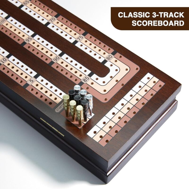 VAMSLOVE Wooden Cribbage Board Game Magnetic 3-Track Scoreboard with Large Slots for Storing 2 Playing Cards and 9 Metal Pegs, Travel Family Game Night (Instruction Included : Toys & Games