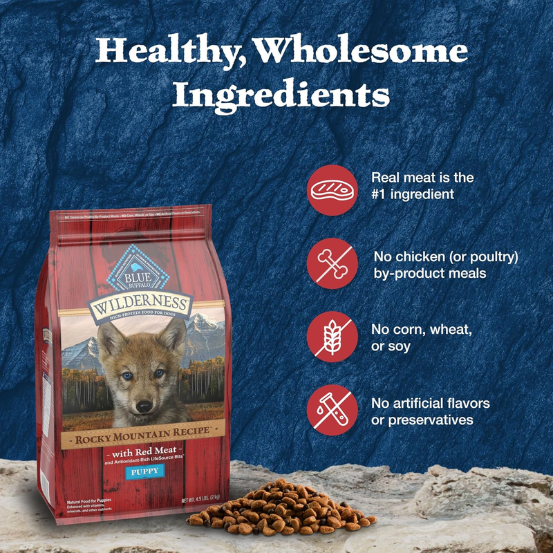 Blue Buffalo Wilderness Rocky Mountain Recipe High-Protein Dry Puppy Food with DHA, Made in the USA with Natural Ingredients Plus Wholesome Grains, Red Meat, 4.5-lb. Bag