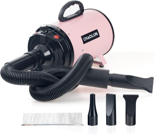 CHAOLUN Dog Dryer, High Velocity Professional Pet Grooming Dryer with Heater, Adjustable Speed Dog Blow Dryer, 3 Nozzles and a Comb, Pink (2400W)