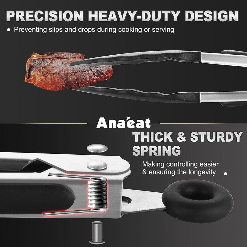 Anaeat Non-Stick Silicone Locking Tong Set of 3 - Stainless Steel 7", 9", 12" Kitchen Food Tongs with Non-Slip Silicone Tips and Grip for Cooking, Baking and BBQ - Heat Resistant up to 480°F (Black): Home & Kitchen