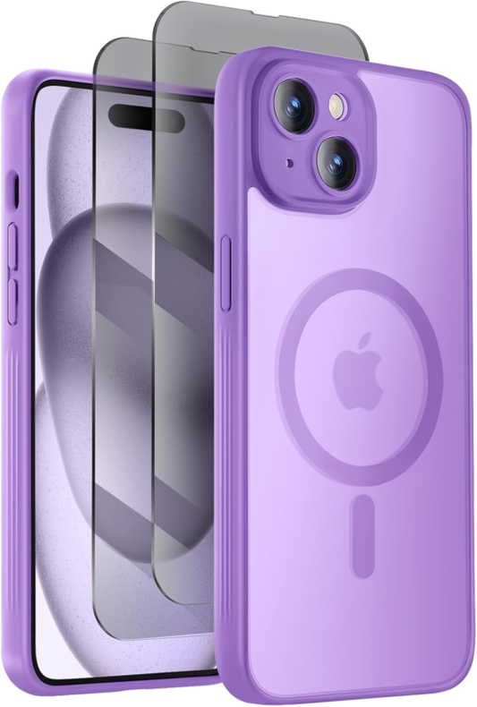 Symcele Designed for iPhone 15 Case, Compatible with MagSafe, with Privacy Screen Protectors X2, [Camera Protection] [15FT Military Drop Protection] Shockproof Phone Case, 6.1", Light Purple : Cell Phones & Accessories