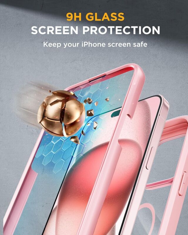 Miracase Glass Series for iPhone 15 Case [Compatible with MagSafe] Full-Body Magnetic Case with Built-in 9H Tempered Glass Anti-Fingerprint Screen Protector + Camera Lens Protector, Pink and Clear : Cell Phones & Accessories
