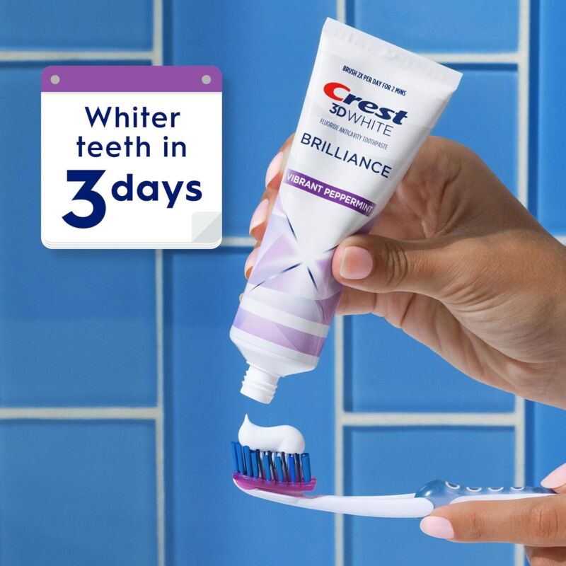 Crest 3D White Brilliance Vibrant Peppermint Teeth Whitening Toothpaste, 4.6 oz Pack of 3, Anticavity Fluoride Toothpaste, 100% More Surface Stain Removal, 24 Hour Active Stain Prevention : Health & Household