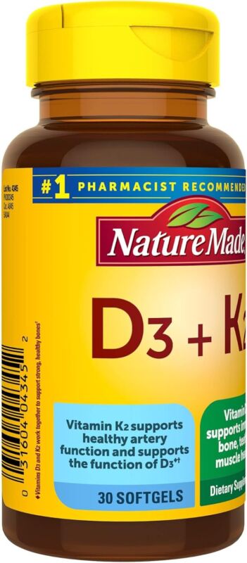Nature Made Vitamin D3 K2, 5000 IU (125 mcg) Vitamin D, Dietary Supplement for Bone, Teeth, Muscle and Immune Health Support, 30 Softgels, 30 Day Supply : Health & Household