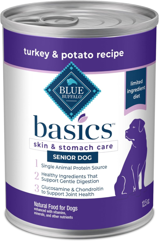 Blue Buffalo Basics Grain-Free Senior Wet Dog Food, Skin & Stomach Care, Limited Ingredient Diet, Turkey Recipe, 12.5-oz. Cans, 12 Count: Pet Supplies: Amazon.com