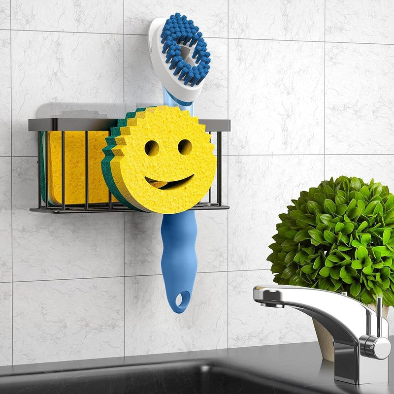 MURLONG Sponge Holder Smiley Face, Sink Caddy for kitchen Sink,Sponge Holder with 2 PCS Suction Cups/1 PCS Adhesive Strips, Designed for Sponge, Soap, Dish brush, Scrubber-Black