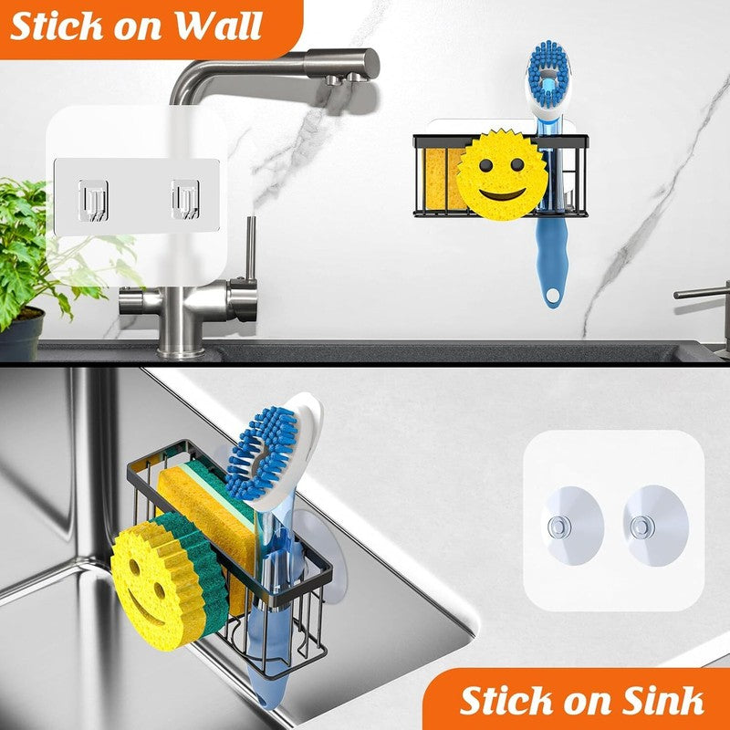MURLONG Sponge Holder Smiley Face, Sink Caddy for kitchen Sink,Sponge Holder with 2 PCS Suction Cups/1 PCS Adhesive Strips, Designed for Sponge, Soap, Dish brush, Scrubber-Black