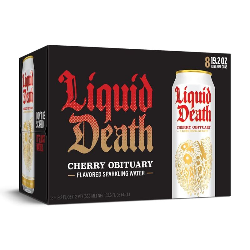 Liquid Death, Cherry Obituary, Cherry-Flavored Sparkling Water, 8-Pack (19.2oz Cans), Low Calorie & No Artificial Sweeteners