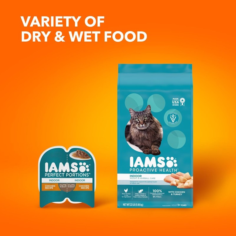 IAMS Proactive Health Indoor Weight Control & Hairball Care Adult Dry Cat Food with Chicken & Turkey, 22 lb. Bag