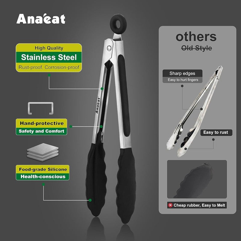 Anaeat Non-Stick Silicone Locking Tong Set of 3 - Stainless Steel 7", 9", 12" Kitchen Food Tongs with Non-Slip Silicone Tips and Grip for Cooking, Baking and BBQ - Heat Resistant up to 480°F (Black): Home & Kitchen