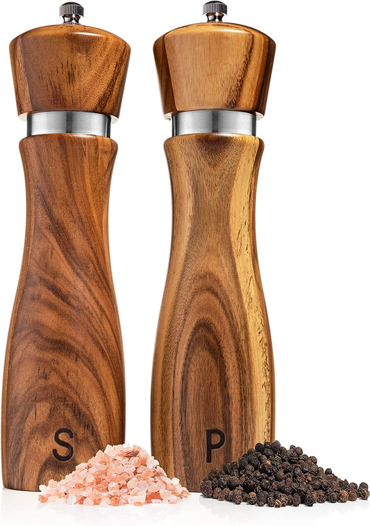 Gennua Kitchen Wooden Salt and Pepper Grinder Set: Refillable Salt & Pepper Mills Adjust for Customized Coarseness, Crafted of Solid Acacia Wood with Ceramic/Stainless Steel Core, 8 Inches Each: Home & Kitchen