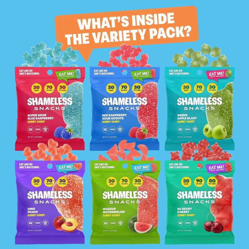 Shameless Snacks - Healthy Low Calorie Snacks, Low Carb Keto Gummies (Gluten Free Candy) - 6 Pack Super Variety Pack : Grocery & Gourmet Food