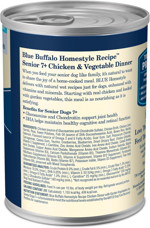 Blue Buffalo Homestyle Recipe Senior Wet Dog Food, Made with Natural Ingredients, Chicken Dinner with Garden Vegetables, 12.5-oz Cans (12 Count): Pet Supplies: Amazon.com