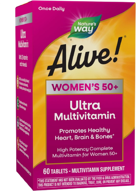 Nature’s Way Alive! Women’s 50+ Ultra Potency Complete Multivitamin, High Potency Formula, Promotes Healthy Heart, Brain, Bones*, with Methylated B12, Gluten-Free, 60 Tablets (Packaging May Vary) : Health & Household