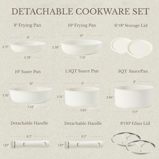 11Pcs Pots and Pans Set, Nonstick Cookware Detachable/Removable Handle, Inductio