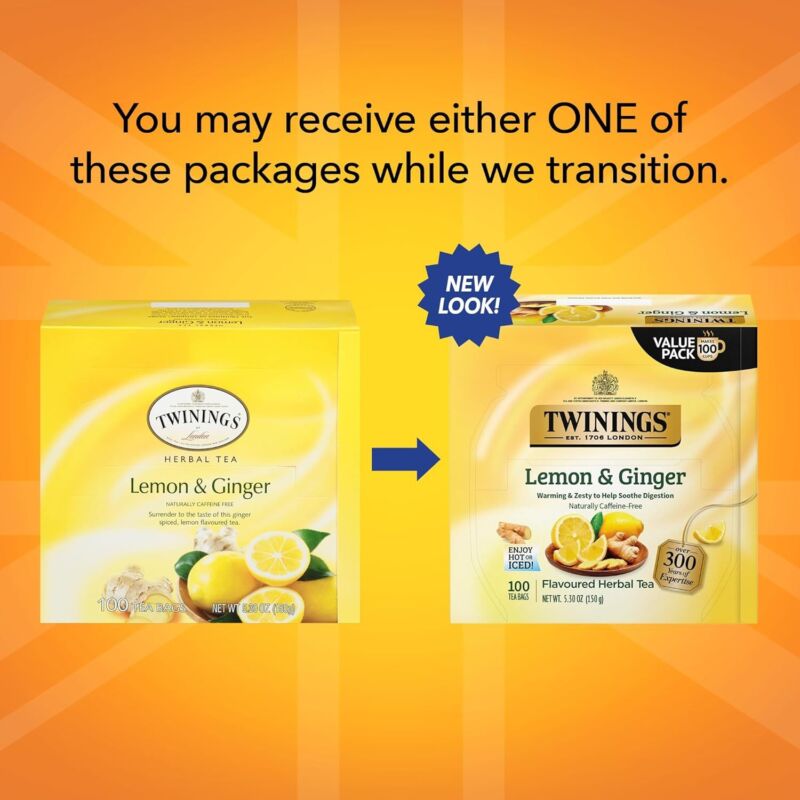 Twinings Lemon & Ginger Herbal Tea Individually Wrapped Bags, 100 Count (Pack of 1), Tangy Lemon, Spicy Ginger, Naturally Caffeine-Free, Enjoy Hot or Iced | Packaging May Vary : Grocery & Gourmet Food
