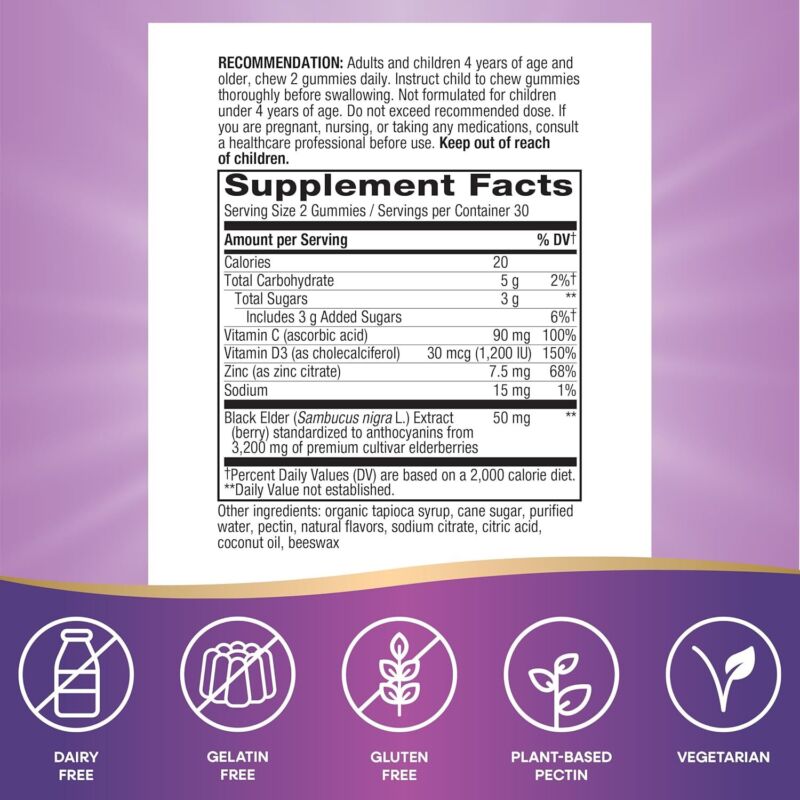 Nature’s Way Sambucus Elderberry Immune Gummies, Daily Immune Support for Kids and Adults*, with Vitamin C, Vitamin D3, Zinc, Gluten Free, Vegetarian, 60 Gummies (Packaging May Vary) : Health & Household