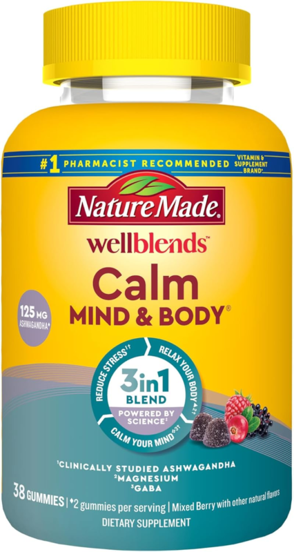 Nature Made Wellblends Calm Mind & Body, Magnesium Citrate, Ashwagandha 125mg & GABA 100mg Blend for Stress Relief, 38 Gummy Vitamins : Health & Household