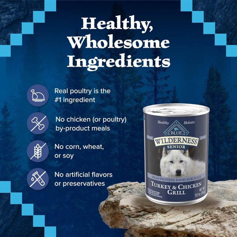 Blue Buffalo Wilderness Natural High Protein Wet Food for Senior Dogs, Turkey & Chicken, 12.5-oz Cans, 12-Count