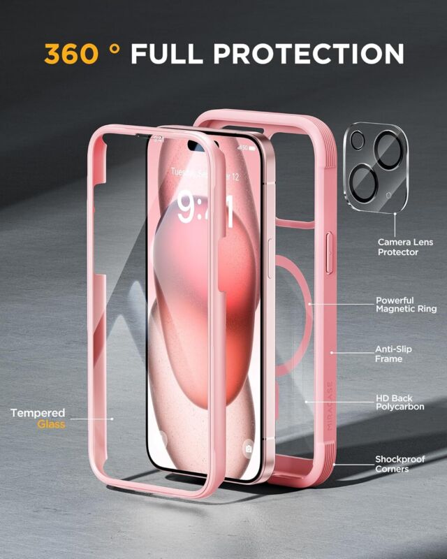 Miracase Glass Series for iPhone 15 Case [Compatible with MagSafe] Full-Body Magnetic Case with Built-in 9H Tempered Glass Anti-Fingerprint Screen Protector + Camera Lens Protector, Pink and Clear : Cell Phones & Accessories