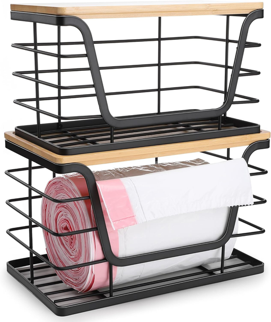ALOCEO 2 Pack Storage Stackable Kitchen Laundry Organizers with Bamboo Top, Wall Mount Large Trash Bag Holder and Standard Garbage Bag Dispenser: Home & Kitchen