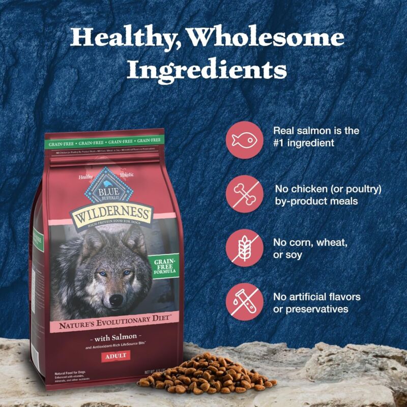 Blue Buffalo Wilderness Adult High-Protein Dry Dog Food with Real Salmon, Grain-Free, Made in the USA with Natural Ingredients, Salmon, 24-lb Bag