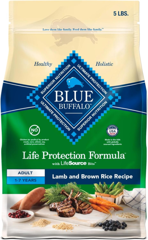 Blue Buffalo Life Protection Formula Adult Dry Dog Food, Helps Build and Maintain Strong Muscles, Made with Natural Ingredients, Lamb & Brown Rice Recipe, 5-lb. Bag : Pet Supplies