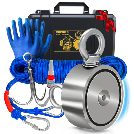 Logui Projects 1200 LB Magnet Fishing Kit with Case - 2 Fishing Magnets in 1 (Double Sided Magnet) - with Grappling Hook, Heavy Duty 65FT Rope, Gloves, Carabiner and Foldable Bucket. : Industrial & Scientific