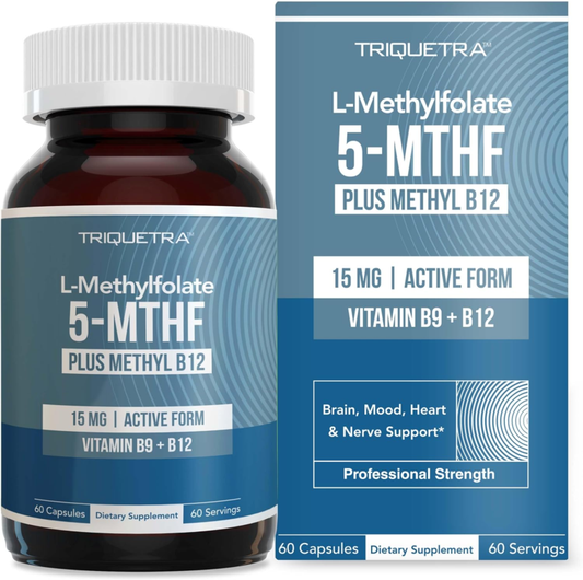 L Methyl Folate 15mg Plus Methyl B12 Cofactor – High Potency, Active 5-MTHF Form - Supports Mood, Methylation, Cognition – Bioactive Forms of Vitamin B9 & B12 (60 Capsules – 60 Servings) : Health & Household