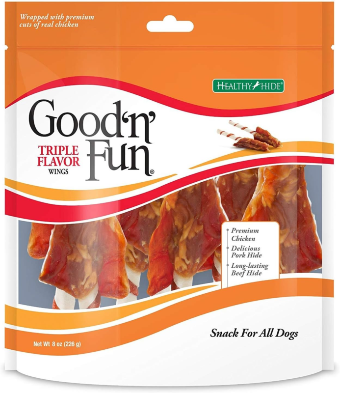 Good ‘n’ Fun Triple Flavor Wings Chews for All Dogs, 8 Ounces, Treat Your Dog to Long-Lasting Chews Made with Chicken, Beef Hide and Pork Hide