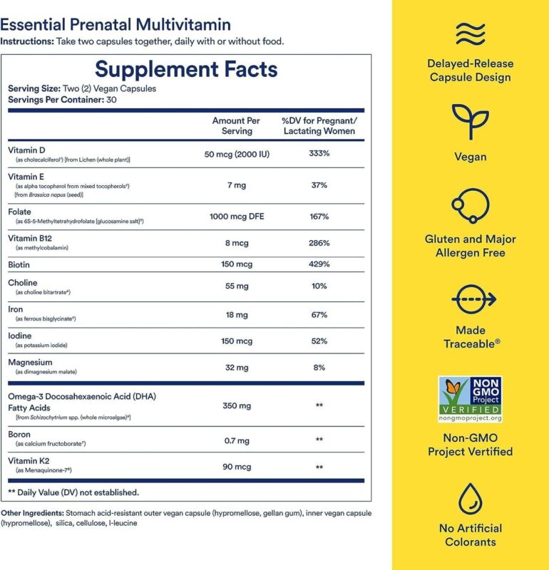 Ritual Essential for Women Prenatal Multivitamin: Folate & Choline for Neural Tube Support, Omega-3 DHA for Fetal Brain Development, Iron, Calcium-Helper D3 & K2, Non-GMO, Vegan, Citrus, 30 Days : Health & Household