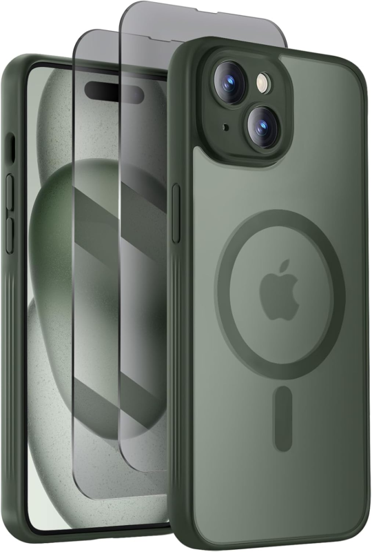 Symcele Designed for iPhone 15 Case, Compatible with MagSafe, with Privacy Screen Protectors X2, [Camera Protection] [15FT Military Drop Protection] Shockproof Phone Case, 6.1", Alpine Green : Cell Phones & Accessories