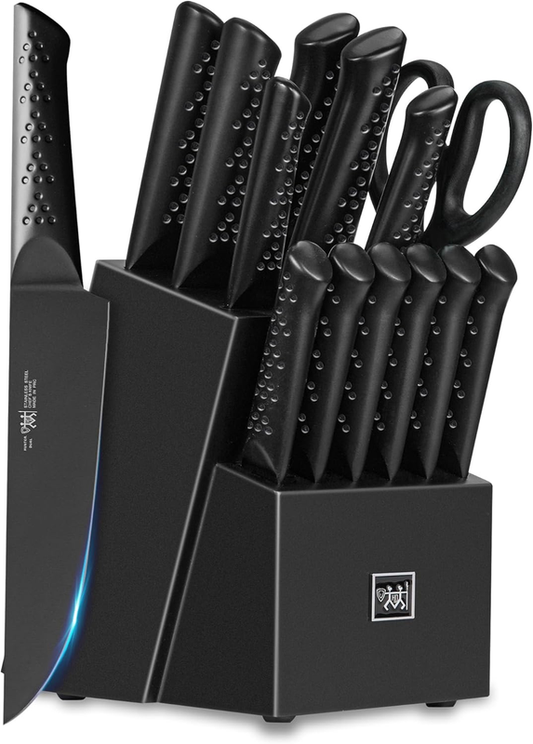 HUNTER.DUAL Knife Sets for Kitchen with Block, 15 Piece Knife Set with Built-in Sharpener, Dishwasher Safe, German Stainless Steel, Black: Home & Kitchen