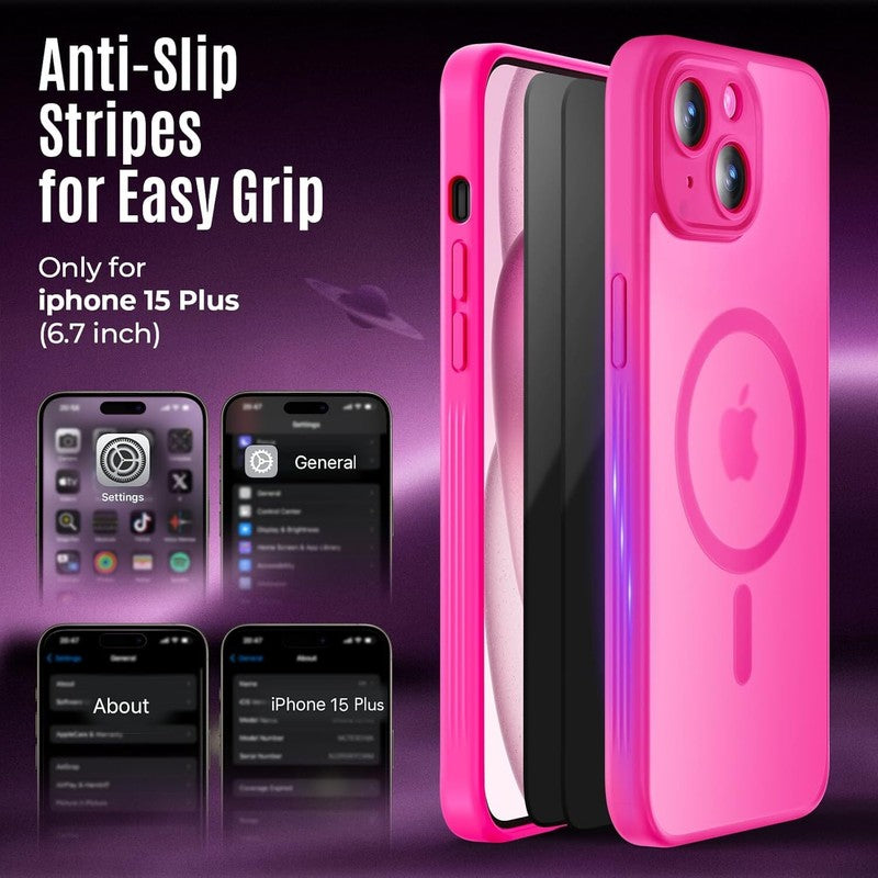 Symcele Designed for iPhone 15 Case, Compatible with MagSafe, with Privacy Screen Protectors X2, [Camera Protection] [15FT Military Drop Protection] Shockproof Phone Case, 6.1", Hot Pink : Cell Phones & Accessories
