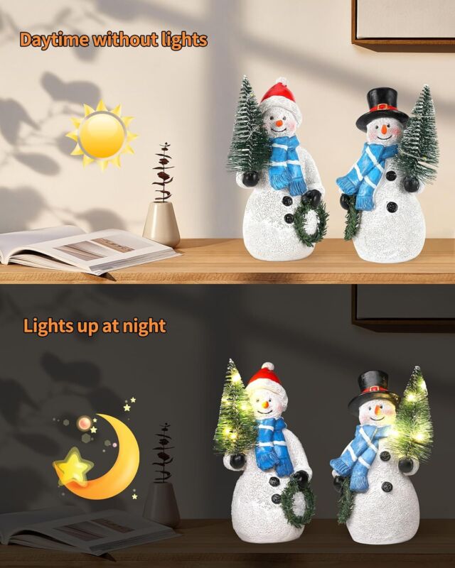 iStatue Resin Snowmen Figurines with Lighted Christmas Tree and Wreath 5'' - Set of 2 Battery Operated - Holiday Decorations Home Decor (Snowman) : Home & Kitchen