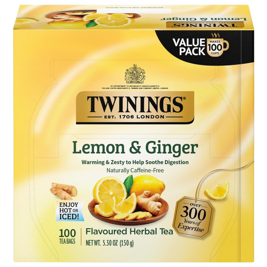Twinings Lemon & Ginger Herbal Tea Individually Wrapped Bags, 100 Count (Pack of 1), Tangy Lemon, Spicy Ginger, Naturally Caffeine-Free, Enjoy Hot or Iced | Packaging May Vary : Grocery & Gourmet Food