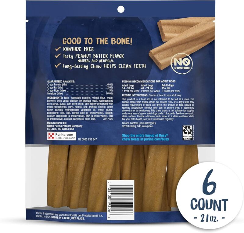 Purina Busy Bone Made in USA Facilities, Long Lasting Small/Medium Breed Adult Dog Chews, Peanut Butter Flavor - 6 Count (Pack of 1), 21 oz : Pet Supplies